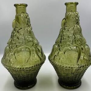 Vintage 1960's MCM Empoli Green Glass Fruit 10.5" Genie Decanter Italy Set/2